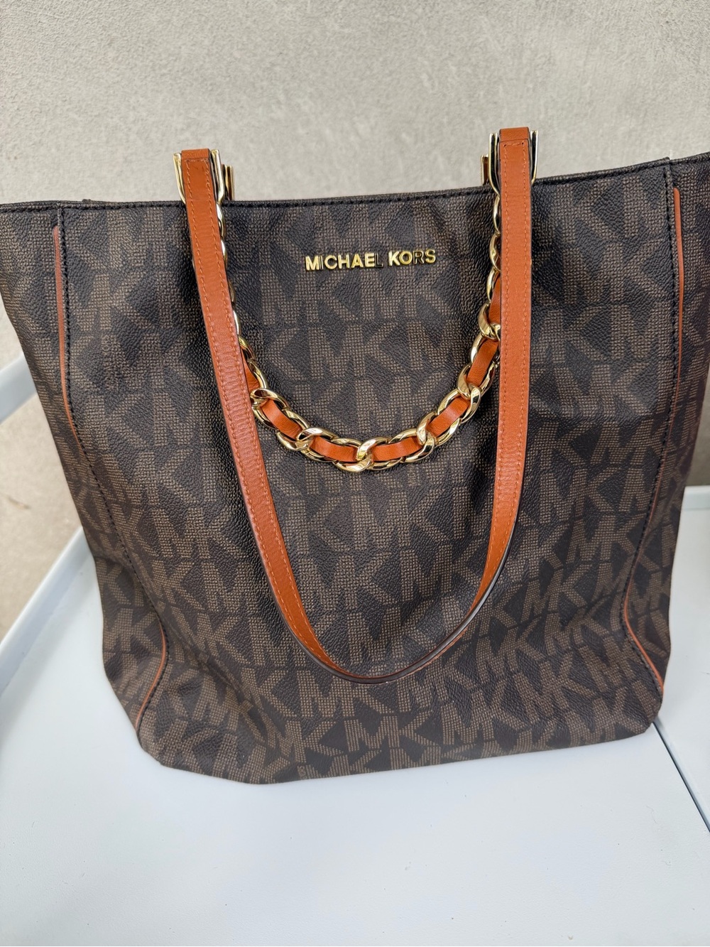 Michael Kors Brown Logo Tote with Tan Leather Straps